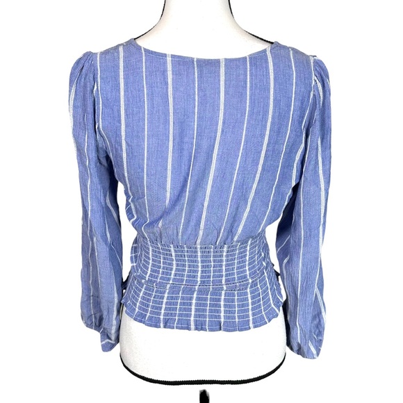 American Eagle Blue pinstripe Smocked Crop Tie Front Blouse - Picture 3 of 6